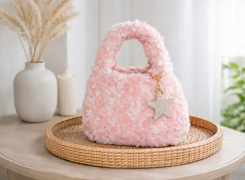 Rosa Fluffy Veske med Glitter-stjerne
