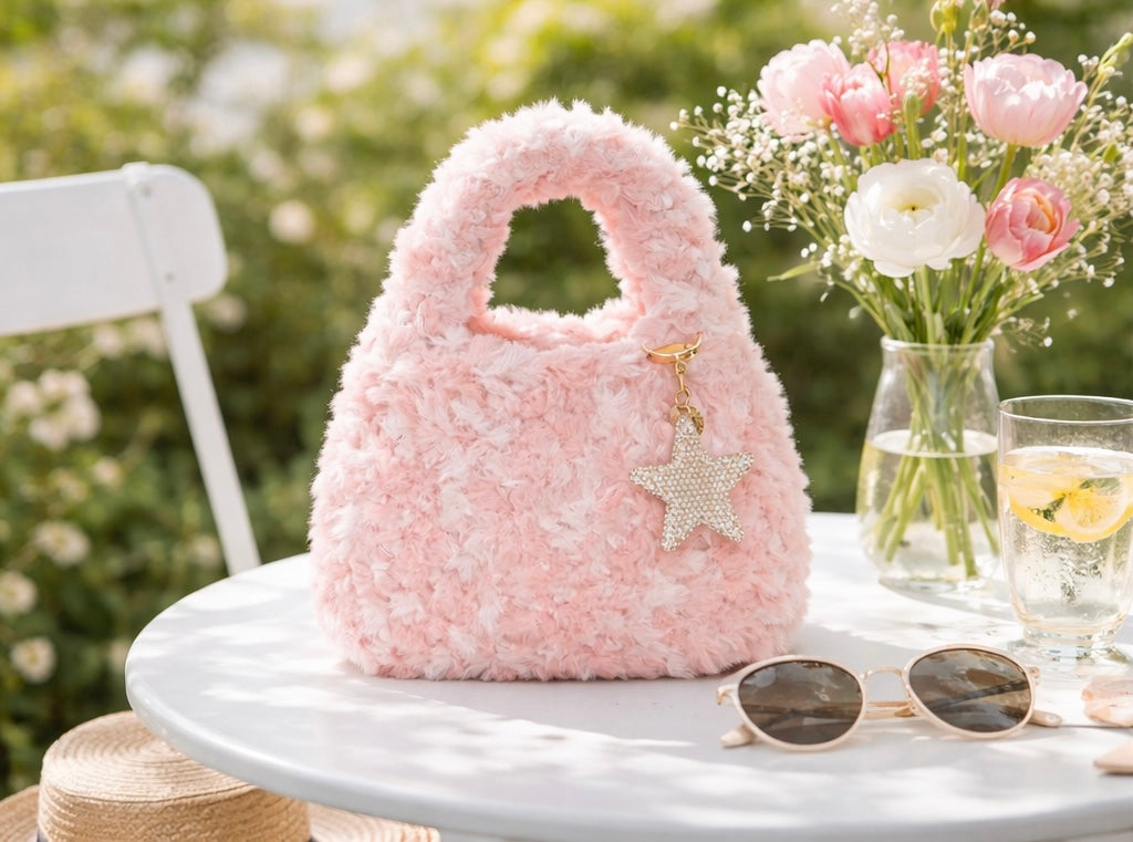 Rosa Fluffy Veske med Glitter-stjerne