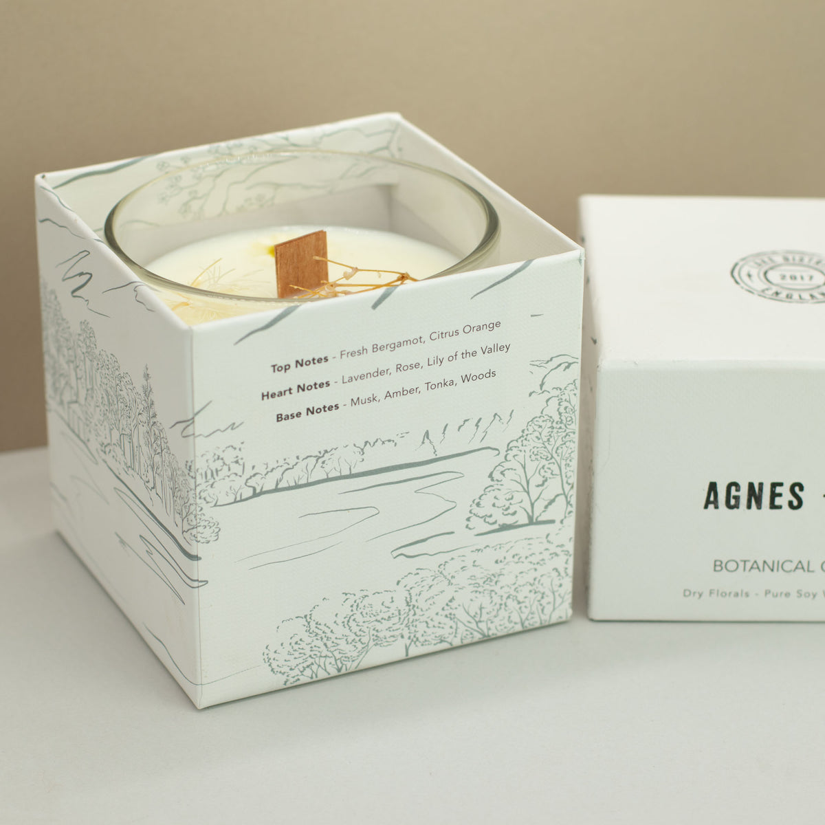 Agnes + Cat botanisk soyalys – Still Waters of Windermere – åpnet gaveeske