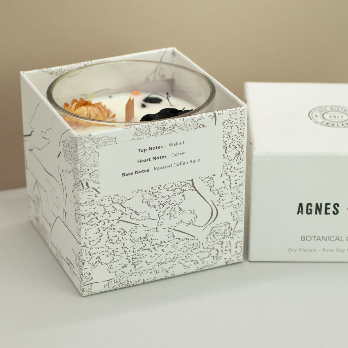 Agnes + Cat botanisk soyalys – Lakeland Mocha – åpnet gaveeske
