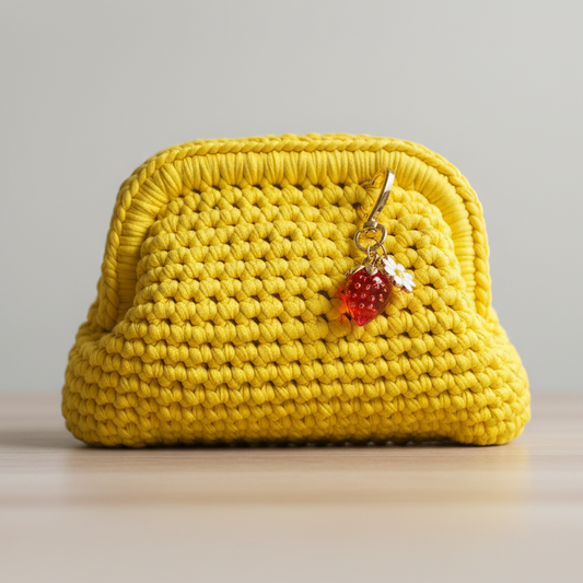 💛 Gul heklet veske – “Solskinn & Jordbær”🍓