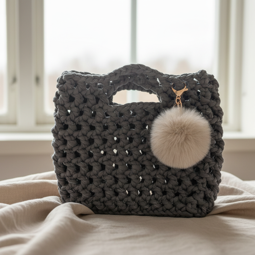 Skifer - Heklet veske i mørk grå