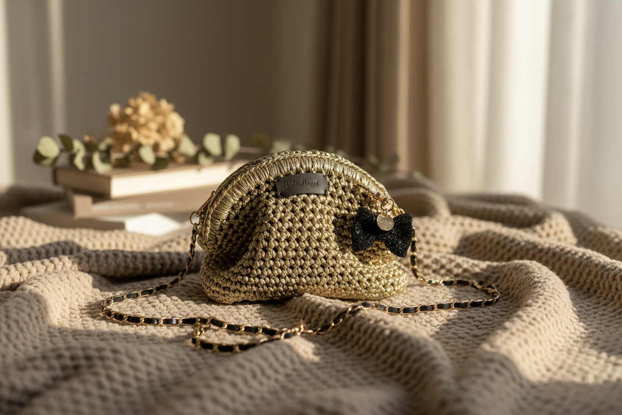 Golden clutch  - Heklet veske i champagne-gull