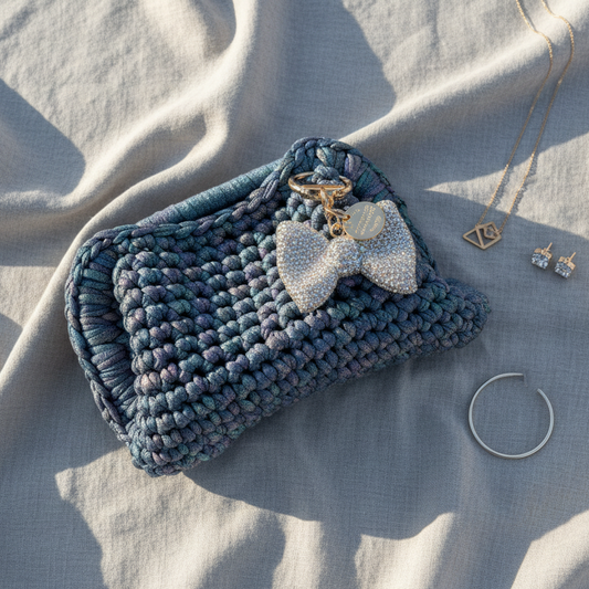 Blå skinnende heklet clutch med glitter-sløyfe