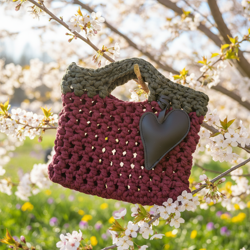 Hjertevarm - Heklet veske i bordeaux og grønn