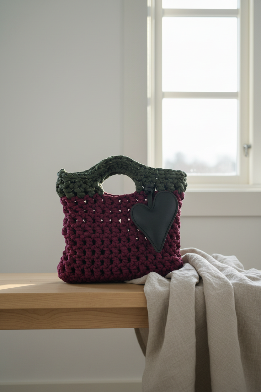 Hjertevarm - Heklet veske i bordeaux og grønn