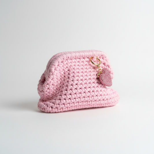 Rosa heklet clutch med glitter-hjerte